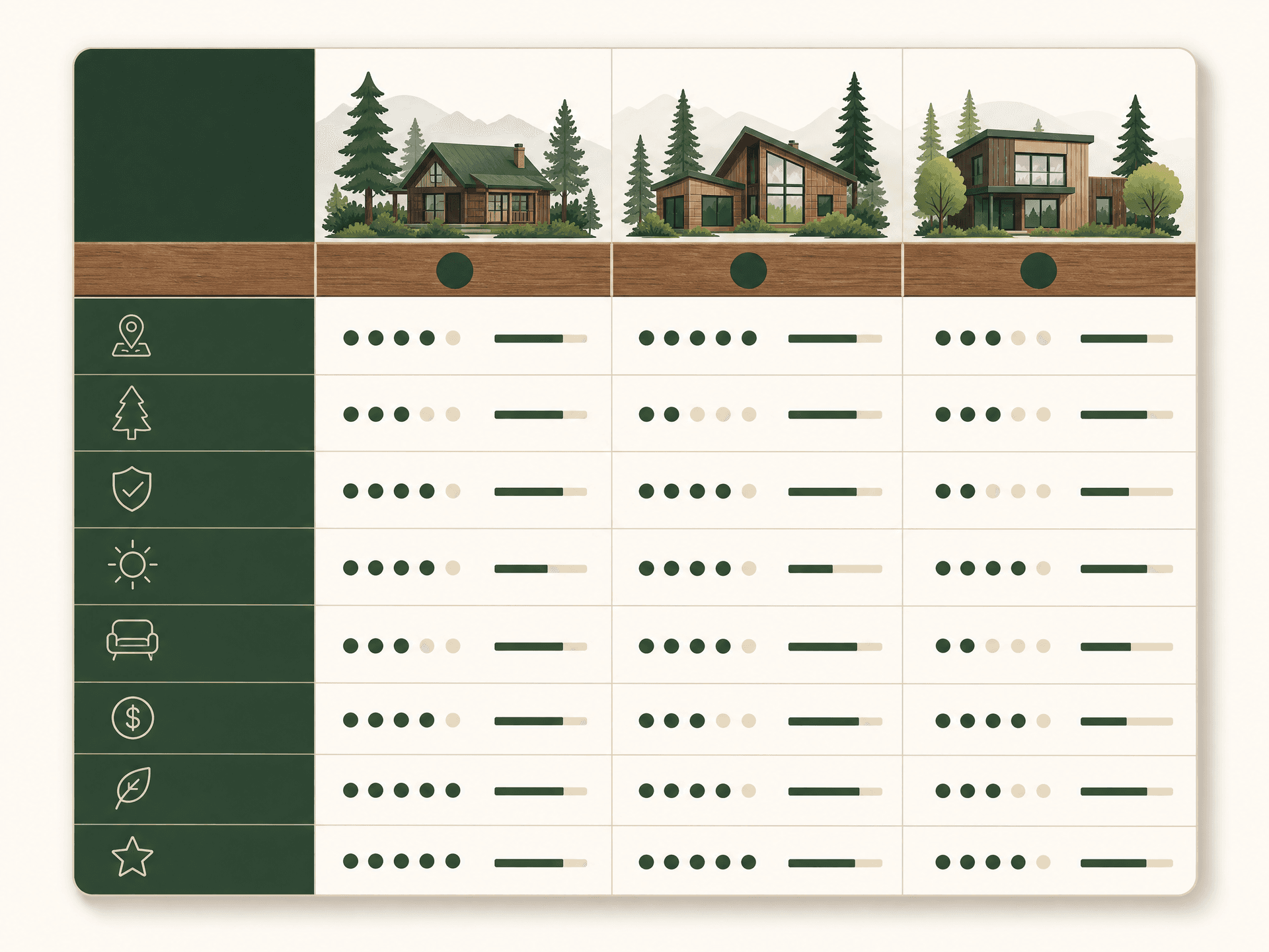 Scored compare table for three properties across criteria