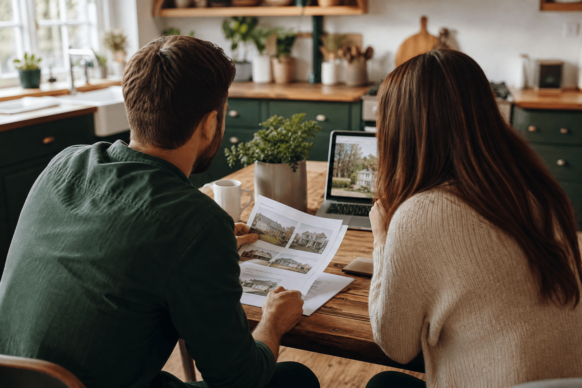 Two people at a table comparing property notes and a scored compare
