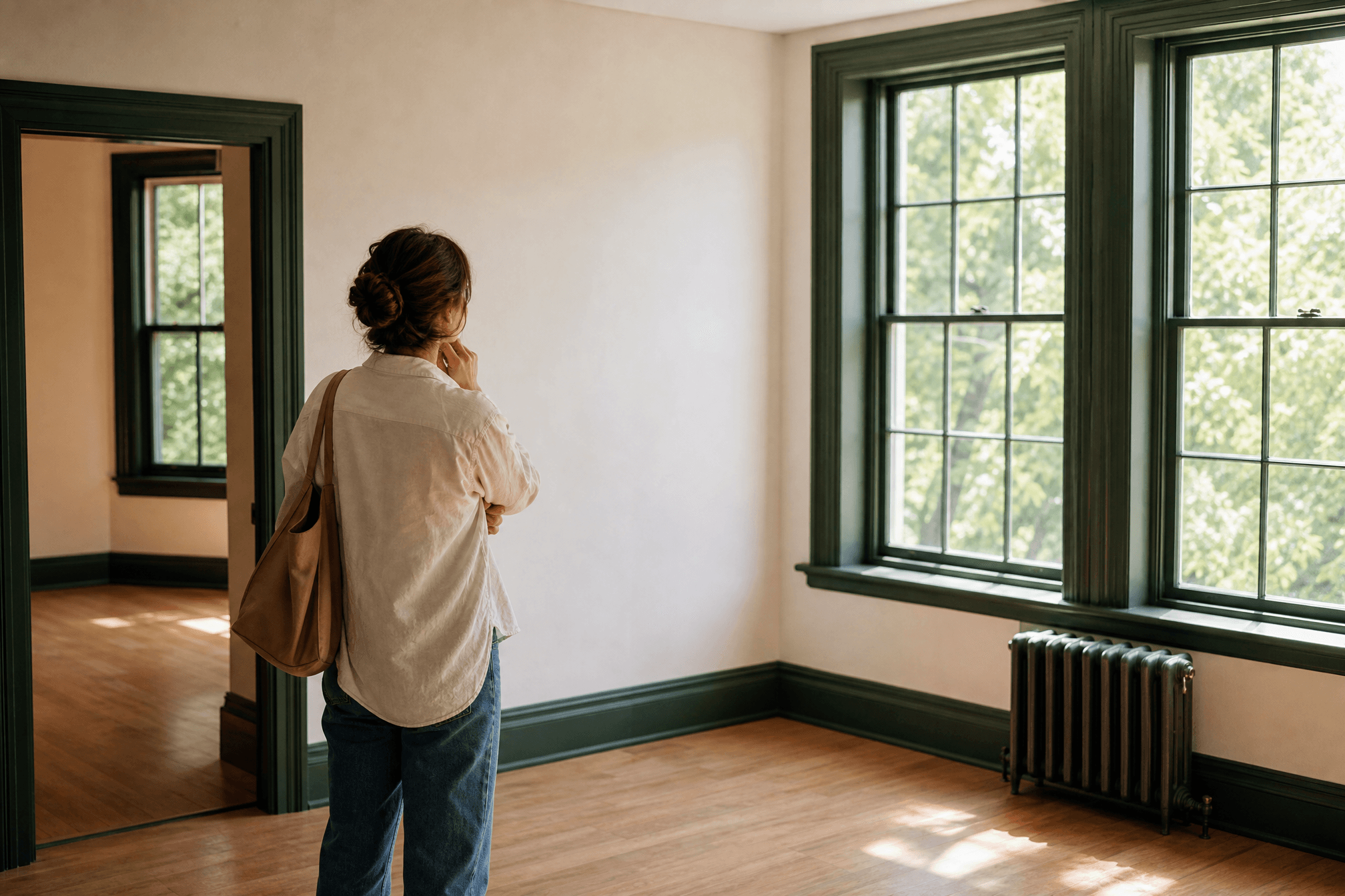 A first-time buyer looking carefully around an empty, sunlit room during a viewing